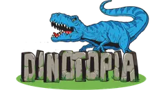 Dinotopia logo: a blue T-rex standing on stone letters