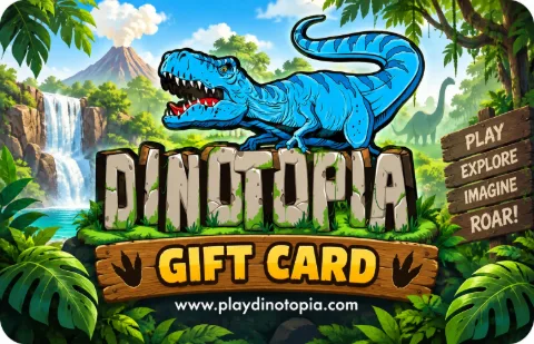 A Dinotopia gift card: a blue T. rex roaring over the Dinotopia logo in a jungle scene with a waterfall and a volcano, above a wooden sign reading Gift Card.