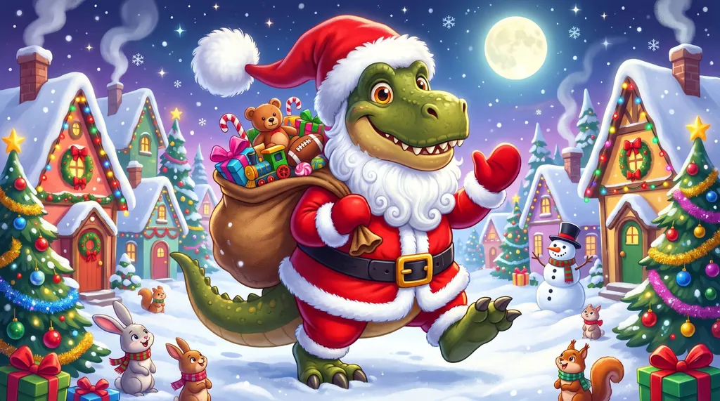 Illustration of a smiling green T. rex dressed as Santa, carrying a sack of toys through a snowy village decorated for Christmas